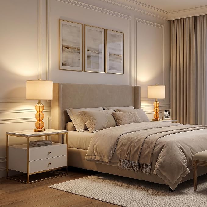 25" Amber Glass Table Lamps for Living Room, Glass Modern Table Lamp Set of 2, USB Charging Ports, Linen Shade, Bedside Lamps for Bedroom, Nightstand, Side Table (Bulbs not Included)