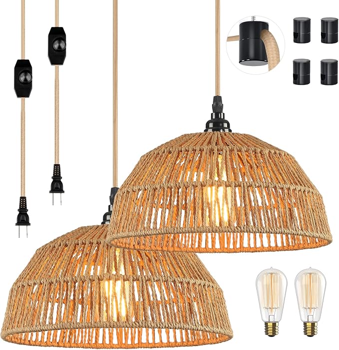 Plug in Pendant Light, Farmhouse Hanging Chandelier Lights with 15ft Golden Cotton Cord, Ceiling Lamp with Dimmable Switch, for Kitchen Island Living Room-2 Pack (Bulb & 4 Swag Hooks Included)