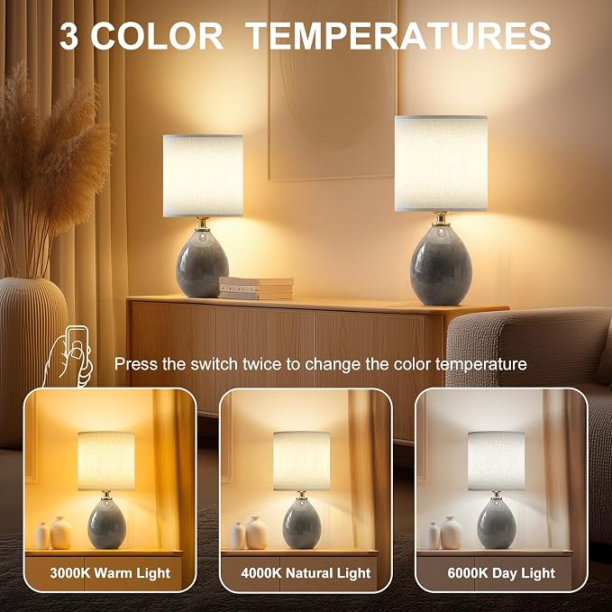 18.5" Table Lamp Set of 2 for Living Room Bedroom, Bedside Lamps for Night Stands, Desk Nightstand Lamp Dimmable, Modern Linen Cream Ceramic Lamps (Grey)