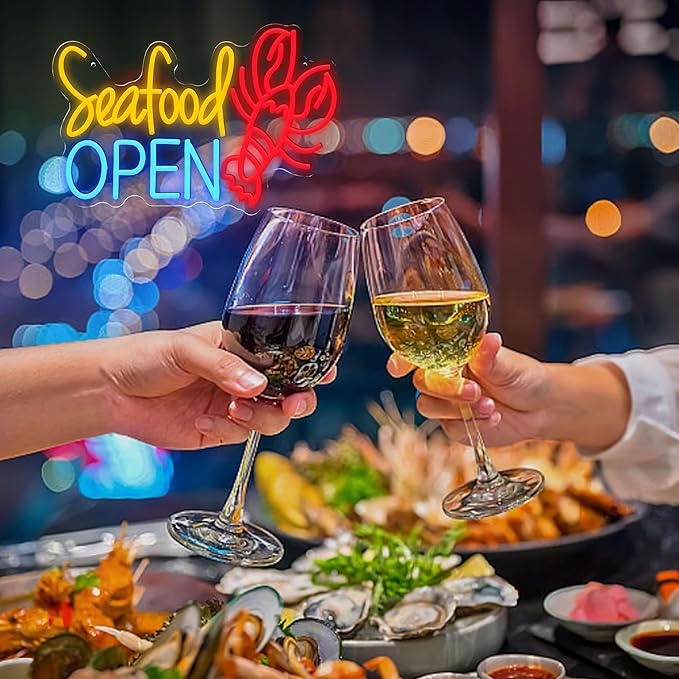 Seafood Open Neon Sign for Business Decor Delicious Lobster Led Neon Light Dimmable Fish Food Light Up Sign for Seafood Restaurant Shop Night Market Fish Market Oyster Bars