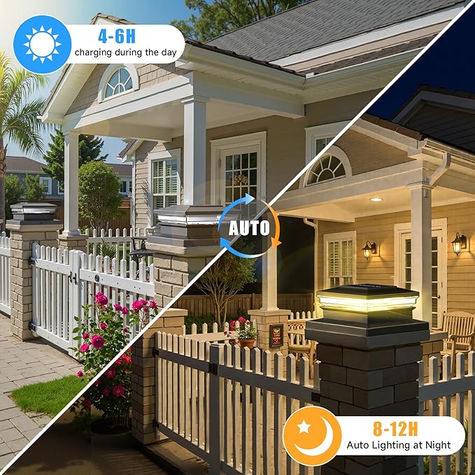 Solar Post Cap Lights, Fence Post Solar Lights 8 Pack, Waterproof Outdoor Post Lights with 2 Color Modes, for Garden Deck Patio, 4x4 5x5 6x6 Wooden/Vinyl Posts