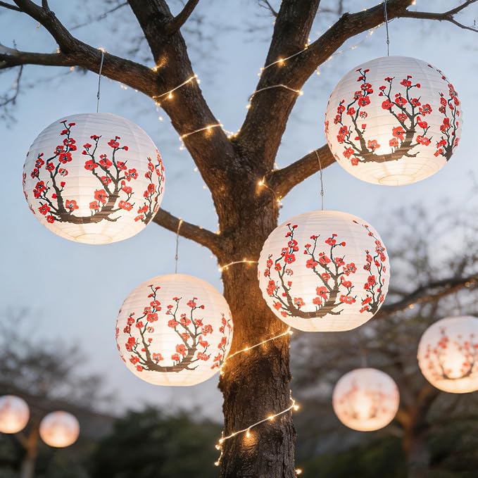 6 Pcs White Paper Lanterns Decorative 10x12 Inch, ZUEXT Cherry Blossom Hanging Round Chinese/Japanese Lantern for Festival Theme Birthday Party Wedding Home Yard Japanese Eateries Decor Oriental Style