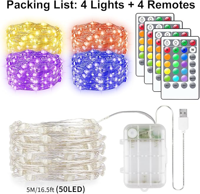 66ft 200LED Fairy Lights Battery Operated, 4 Pack 16.5ft 16 Color Changing String Light with Remote Timer, RGB Waterproof Twinkle Lights for Indoor Outdoor Room Gift Party Christmas Décor