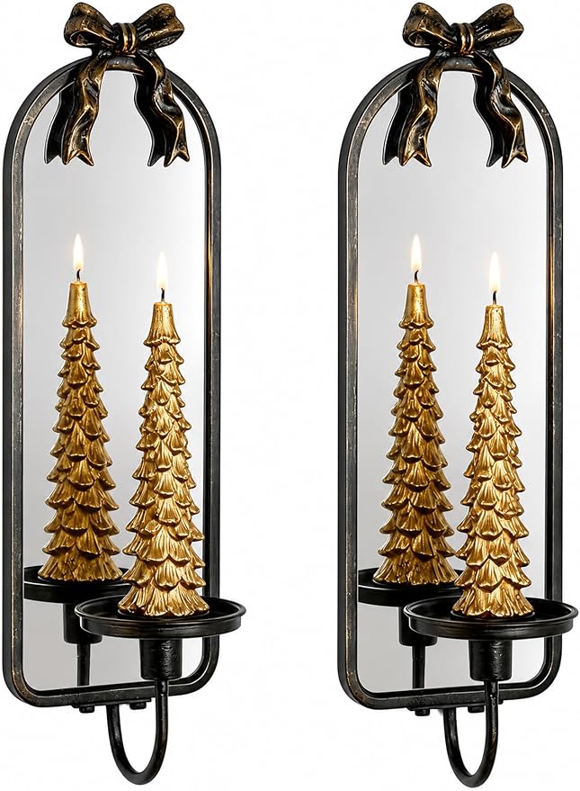 Mirror Wall Candle Sconces Set of 2: Black Metal Frame with Bow | Arched Wall Candle Holder, Detachable Bow, for Taper or Pillar Candles, for Fireplace, Hallway and Bedroom