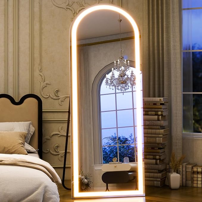 Arched LED Mirror Full Length Standing, 64"x21" Full Body Mirror | Lighted Floor Mirror with Stand, Dimmable & 3 Color Lighting, Wall Mounted Leaning Standing Mirror for Bedroom, Cloakroom