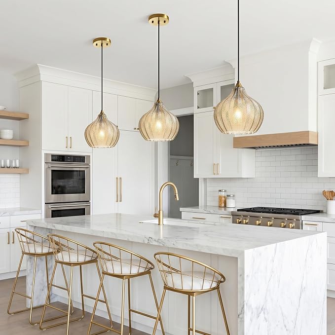 Amber Glass Pendant Lights Kitchen Island Gold Hanging Ceiling Light 9"