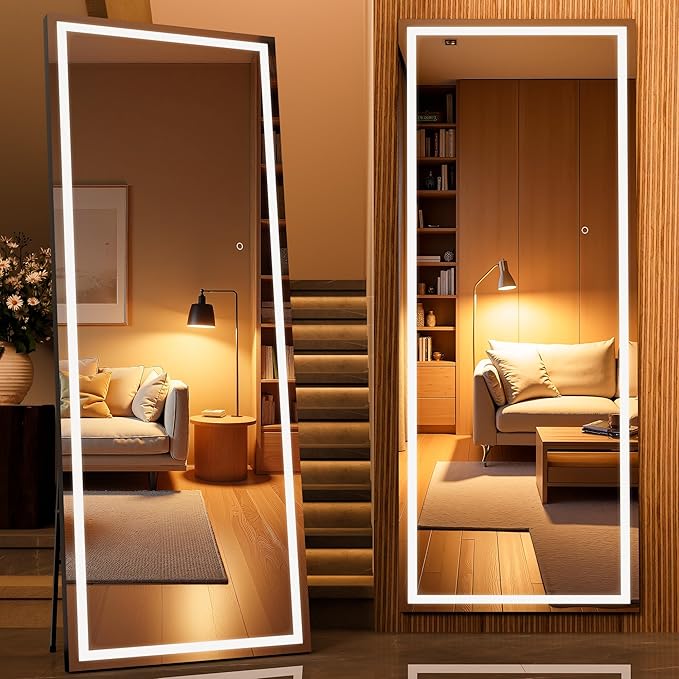 71" x 28" Full Length Mirror with Lights, LED Lighted Floor Standing Body Mirror, Dimmable & 3 Color Lighting for Bedroom, Cloakroom, Dressing Room, Tempered Glass, Black Frame