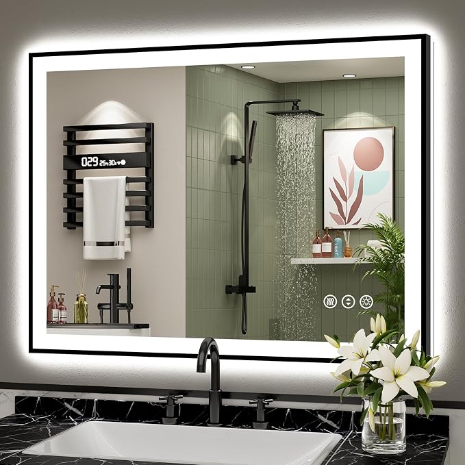 40x32 Black LED Bathroom Mirror, Backlit & Front Lit Lighted Mirror | Metal Framed Anti-Fog Vanity Mirror with Lights, 3 Color Dimmable, Memory, Tempered Glass, CRI95, IP54, Horizontal/Vertical