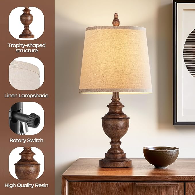 Retro Table Lamps Set of 2, Bedside Lamp for Bedroom Rustic Farmhouse Table Lamps for Living Room, Vintage Nightstand Lamps with White Shades, Wood Grain