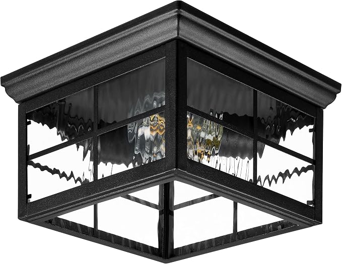 Maxxima Outdoor Flush Mount Ceiling Light Fixture, Black with Water Glass | Square Farmhouse Porch or Patio Light, Close to Ceiling Entryway, Bulbs Not Included, 2-Light, E26