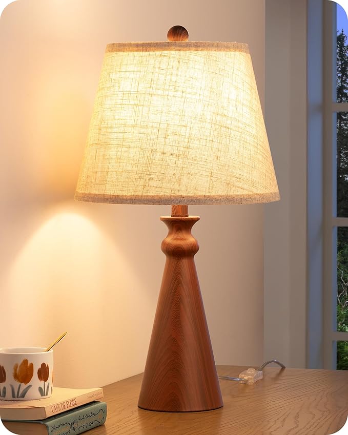 EDISHINE 21.85" Boho Table Lamp, Rustic Bedside Lamp, Water Transfer Red Wood Grain Metal Base, Beige Linen Shade, Farmhouse Nightstand Lamp for Living Room, Bedroom, Office, E26 Base
