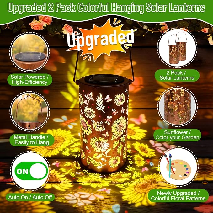 2Pack Colorful Solar Lanterns Outdoor Waterproof, Garden Decor Gifts for Women Mom Grandma - LED Colorful Sunflower Solar Powered Lights Metal Hanging Lantern for Outside Garden Patio Yard Lawn Porch