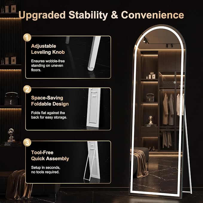 LED Arched Full Length Mirror, 70"x24" Full Body Mirror with Lights, Dimmable & 3 Color Lighting, Standing/Leaning/Wall Mounted Vanity Mirror for Bedroom, Dressing Room, Living Room