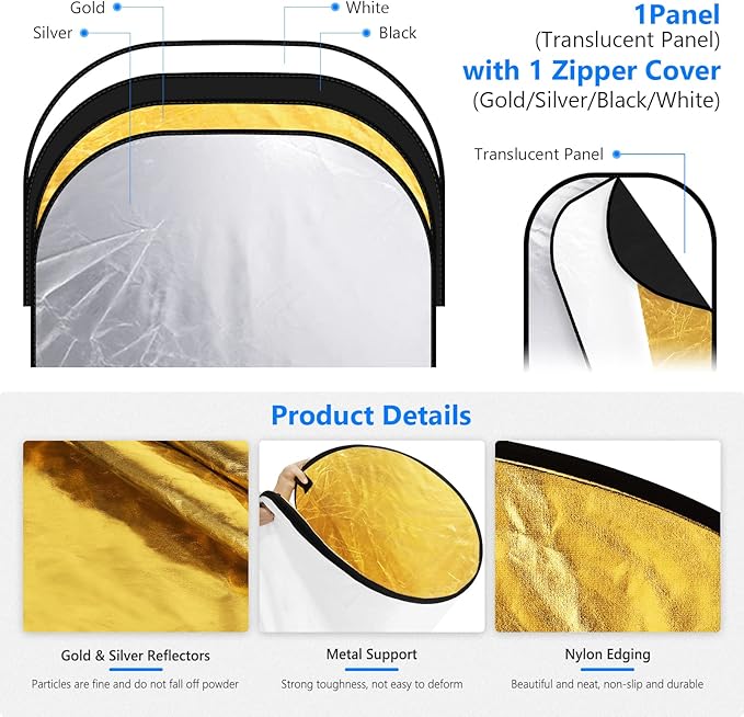 NEEWER 40"x60"/100x150cm Light Reflectors for Photography, Portable 5 in 1 Collapsible Multi Disc with Bag - Translucent, Silver, Gold, Black, White Diffuser for Studio and Outdoor Lighting
