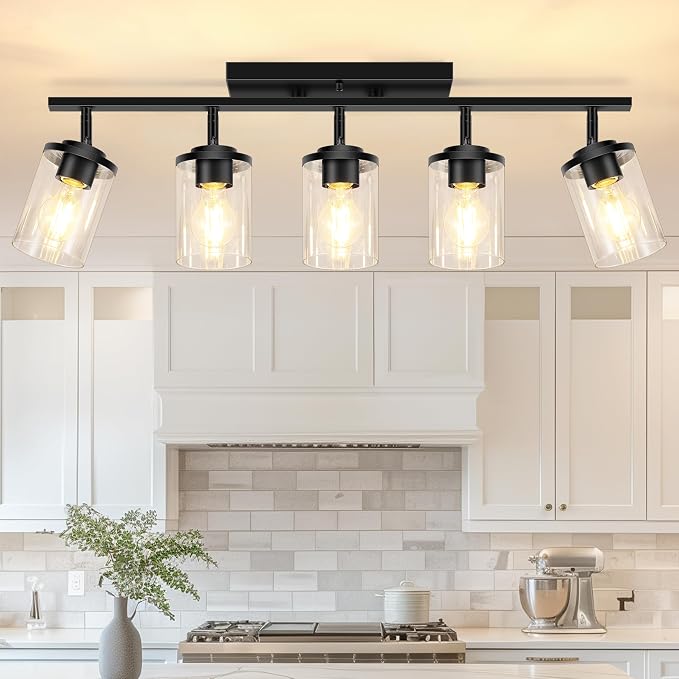 FadimiKoo 5-Lights Black Semi Flush Mount Ceiling Light Fixtures, Modern Clear Glass Shade Farmhouse Kitchen Ceiling Lamp, Adjustable Rotatable Vanity Light Fixture for Hallway Entryway Dining Room