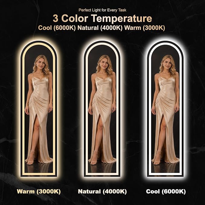 LED Arched Full Length Mirror, 56"x16" Full Body Mirror with Lights, Dimmable & 3 Color Lighting, Standing/Leaning/Wall Mounted Vanity Mirror for Bedroom, Dressing Room, Living Room