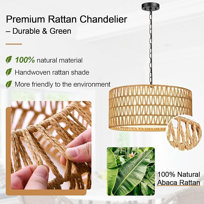 Farmhouse Chandelier Light Fixture, 5-Light Rattan Boho Chandeliers for Dining Room, Hand Woven Pendant Light with Linen Shade, Rustic Hanging Lighting for Kitchen Island, Bedroom (Bulb Not Included)
