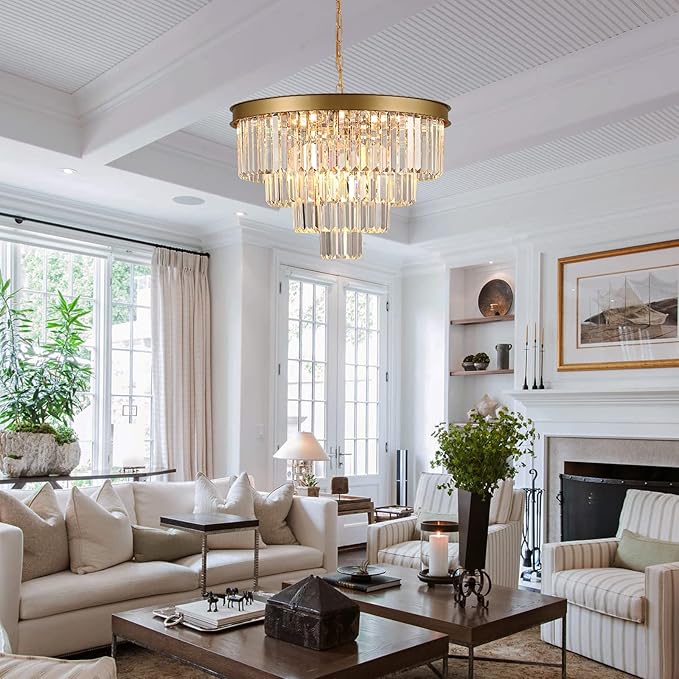 Modern Crystal Chandeliers Gold 24” Round Chandelier for Dining Room 12 Light Ceiling Pendant Light Fixture Raindrop Luxury Gold Flush Mount Chandelier for Entryway Living Room