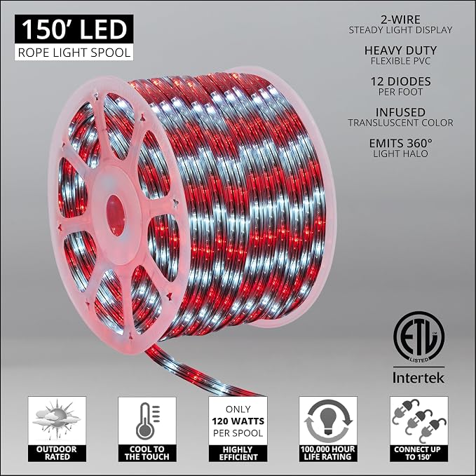 Wintergreen Lighting 150' Red and Cool White LED Rope Light, Christmas Outdoor Light Décor Rope Lighting - 120V, ½ Inch, 2-Wire - Rope Light Clips and Power Cord Included
