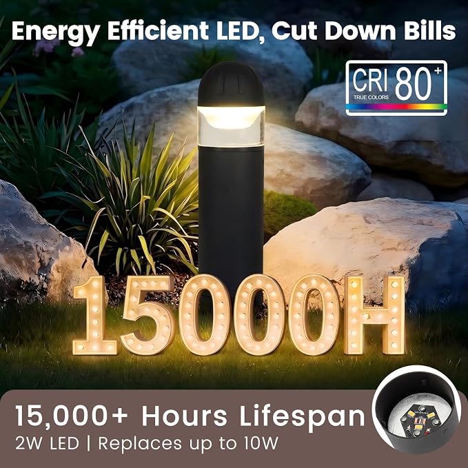 Low Voltage Landscape Lighting, 2W 200LM 12V LED Bollard Lights Outdoor Waterproof with Connectors, Aluminum Housing Driveway Pathway Walkway lights 3000K Warm White, ETL UL CSA Listed, 2 Pack