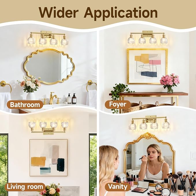 4 Light 27.2 in Bathroom Vanity Light,Rustic Brass Bathroom Lighting Fixtures Over Mirror, Vintage Vanity Mirror Lights Clear Tulip Glass Wall Sconce for Living Room,Bedroom,Hallway,E26 Base