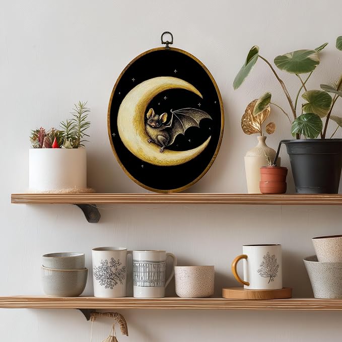 zewepri Bat Crescent Moon Oval Wall Art, Gothic Cottagecore Decor, 8.5x11.5 | Whimsical bat on crescent moon with stars adds moody charm to bedrooms, bathrooms, living rooms, or gallery walls.