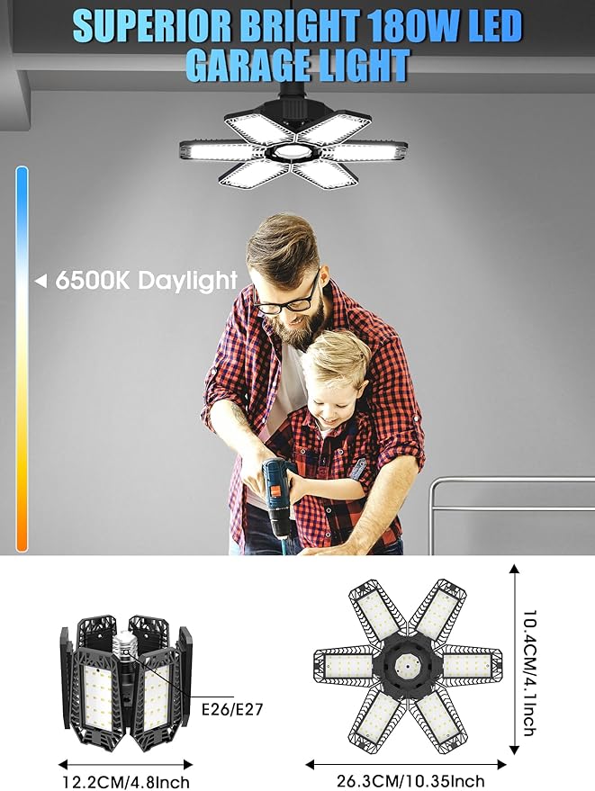 8 Pack LED Garage Light - 180W 18000LM 6500K Shop Lights, Garage Lights Ceiling LED with 6 Deformable Panels, Screw in E26/E27 Bulb Socket Lighting for Workshop Basement Barn Gym Warehouse