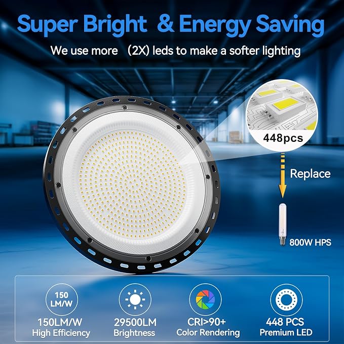 6 Pack 200W UFO LED High Bay Light, 29500lm 5000K Shop Lights for Warehouse, 5' Cable with Plug AC110-277V, Waterproof Commercial Lights for Barn Workshop Garage Factory Warehouse Gym ETL Listed