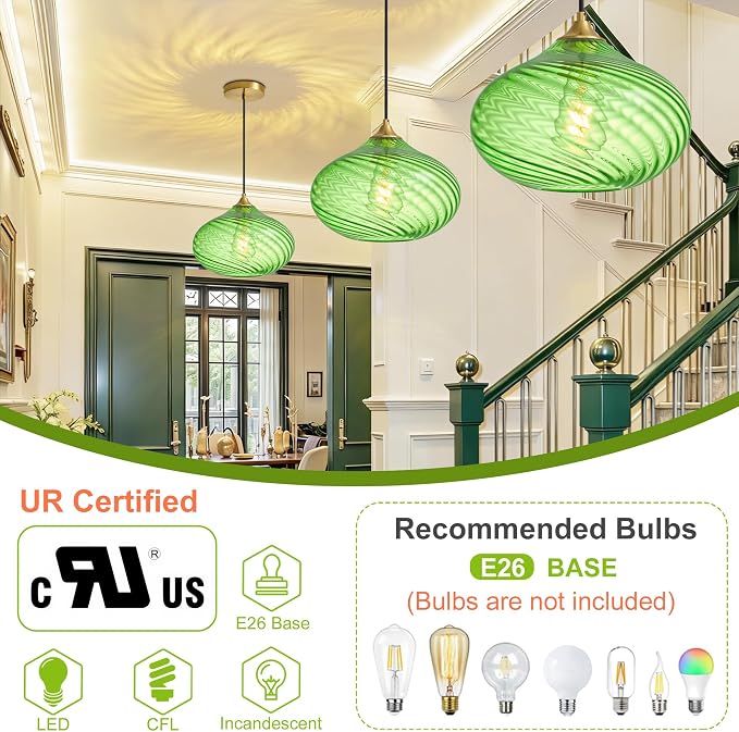 11in Gold Pendant Lights Kitchen Island with Green Glass Shade 1Pack | Handcrafted Glass Pendant Light Fixtures, UL Certified, E26 Base 100W Max, Height-Adjustable, Dimmable Hanging Pendant Light