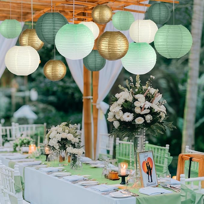 15-Pack Sage Green Gold Paper Lanterns, Hanging Classroom Decor | 6,8,10 Inch Hanging Lanterns for Weddings, Bridal Showers, Graduations, Anniversaries & Baby Showers