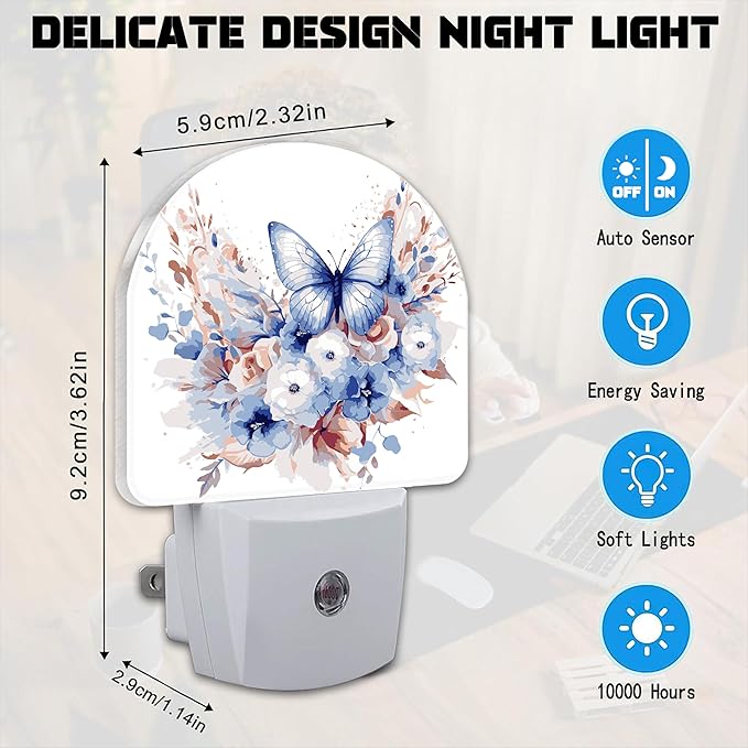 Watercolor Butterfly and Flowers Night Light for Kids,Elegant Blue Floral Plug in Night Light with Dusk to Dawn Sensor, 0.5w Energy Saving Nightlight for Hallway Stairway Kitchen Bedroom