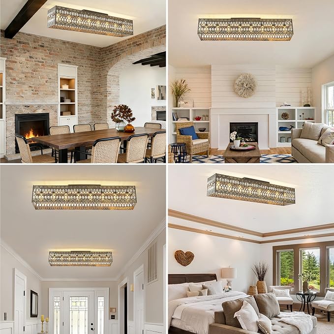 Garwarm 48 Inch Crystal Chandelier, 8-Light Rectangular Ceiling Light | Vintage Antique Copper Gold Flush Mount Dining Room Fixture for Long Tables, Kitchen Islands, Living Rooms and Large Spaces