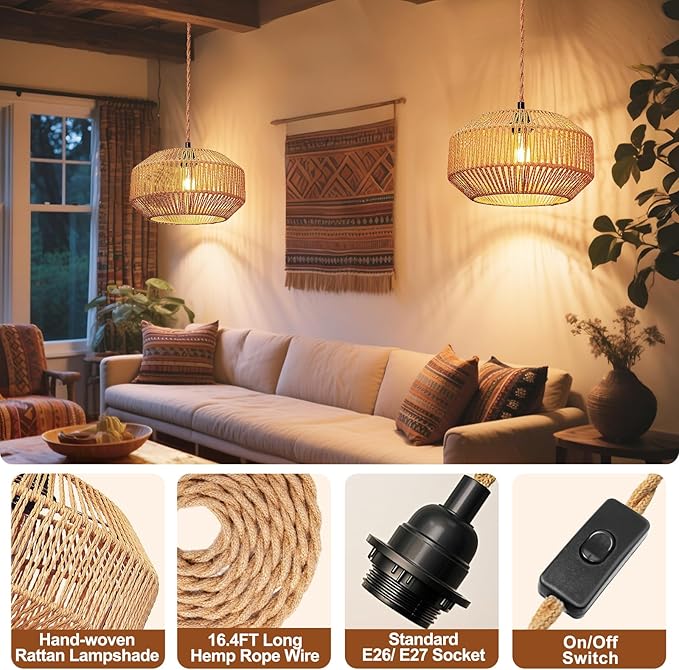 Maliralt Hanging Lamps Rattan Pendant Light Hanging Lights 16.4ft Plug in Cord Pendant Light Fixture Plug Into Wall Outlet Pendant Lighting with On Off Switch for Bedroom Living (Pumpkin Shade)