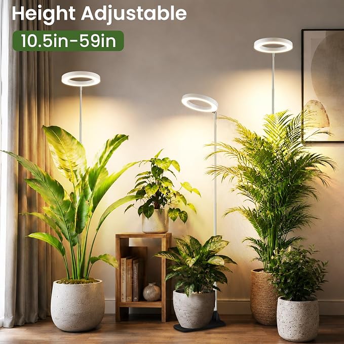 Grow Lights for Indoor Plants, 6.3" Full Spectrum Plant Light with Base | 59" Adjustable Grow Lamp For tall Large Plants, Base/Soil Stake, 6/8/12/16H Auto Timer, 3 Light Color, 5 Brightness, White
