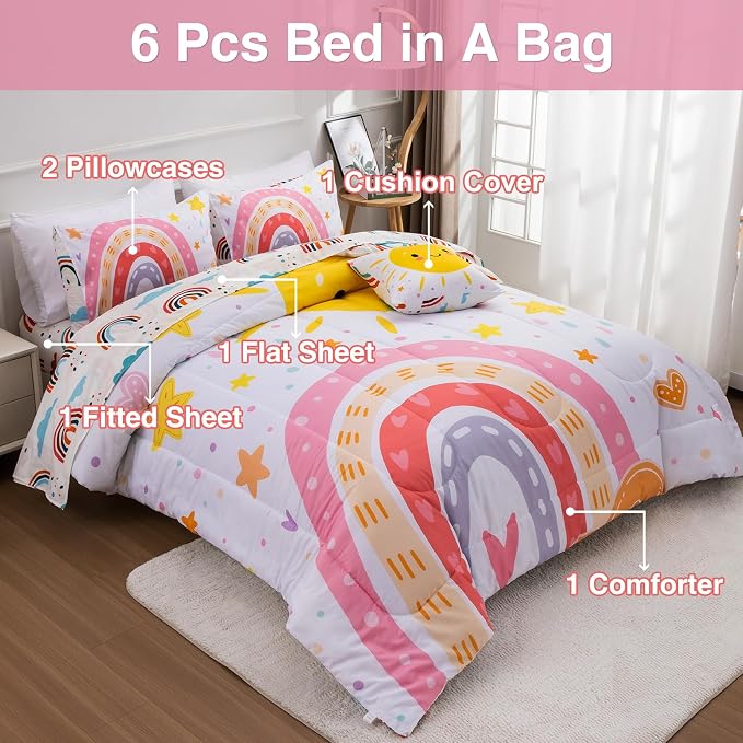 A Nice Night Bedding 6 Pcs Cartoon Rainbow Bedding Set with Smile Sun Printed for Boys Girls Bed Comforter Sets (White, Full)
