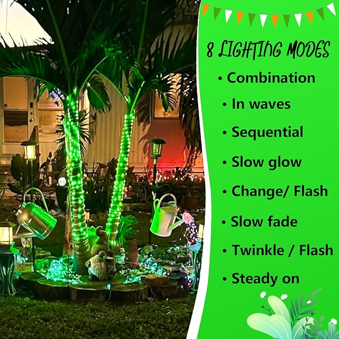 YEGUO Solar Rope Light Outdoor Waterproof, 66ft 200 LED Green String Lights, 8 Modes Tube Christmas Lights in Clear Thin Tube