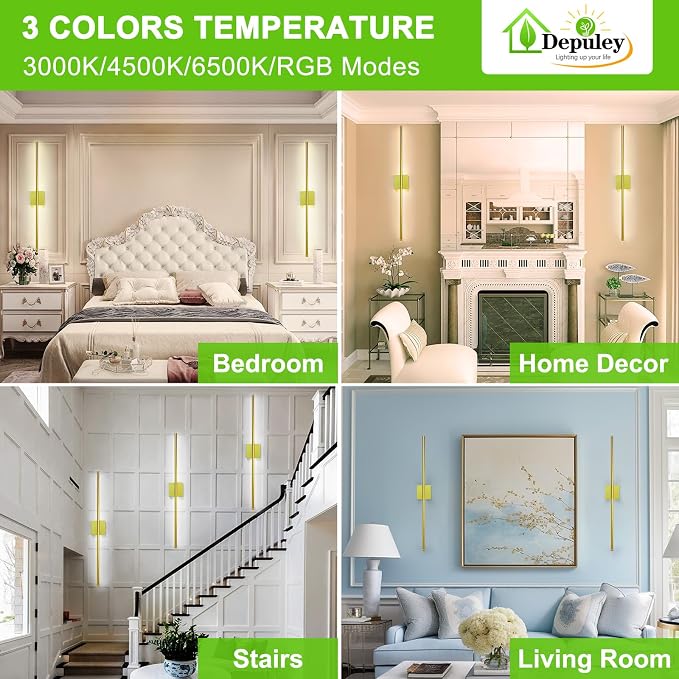 Depuley Battery Operated Wall Sconce: Set of 2 Wireless Wall Lights with Remote for Bedroom - Rechargeable 15 Colors Gold Wall Lamp for Living Room Hallway Home Decor