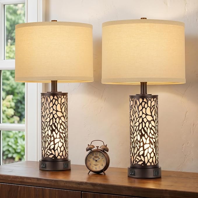 ROTTOGOON 25" Farmhouse Table Lamps for Living Room Set of 2, Rustic Metal Bedroom Lamps with USB A+C Ports Vintage Nightstand Lamp with Night Light, Bulbs Included