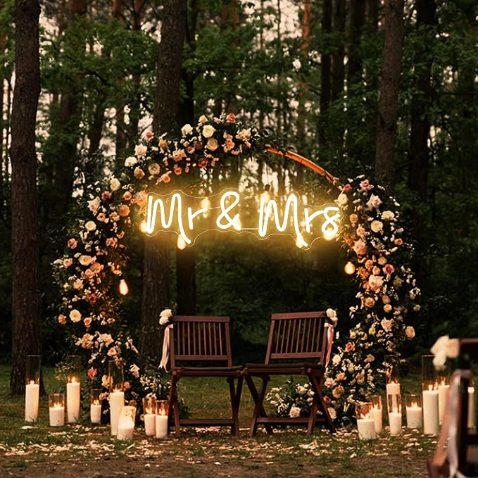 Mr and Mrs Neon Sign Wedding, Aslanka LED Mr & Mrs Light for Backdrop Decor, Neon Mr Signs for Shower Engagement Arch Flower Background Reception Desk Home Decoration Gifts, 19.6 x 5.5in(Warm White)