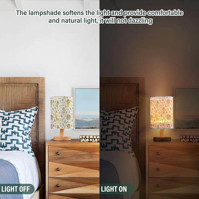Jungle Animal Pattern Table Lamp with Wood Base and Fabric Shade for Living Room, Bedroom or Kids Room