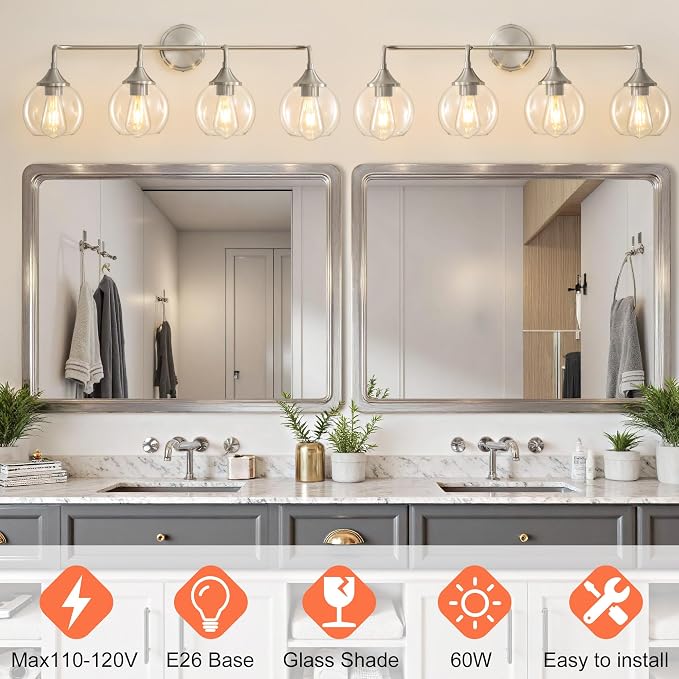 Bathroom Vanity Light 4-Light Brushed Nickel Vanity Lights 31" | Farmhouse Vanity Lighting Fixtures Over Mirror, Thickened Clear Glass Shade, UL E26 Dimmable Vanity Light Fixtures