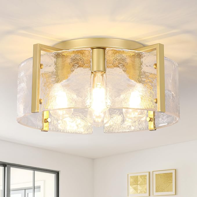 Gold 4-Light Semi Flush Mount Ceiling Light,17.7'' Modern Glass Drum Fixture,Farmhouse Hallway Light Fixtures,Ceiling Lights for Foyer Entryway Bedroom Kitchen Island Dining Room Living Room