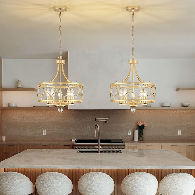 5-Light Chandelier E12 Base Round 15.2in - Gold Metal Farmhouse Lantern Pendant Light Fixture,Adjustable Hanging Ceiling Lighting,for Kitchen Island,Entryway,Dining Room,Living Room