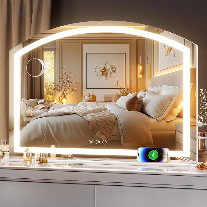 Hasipu 38" x26” Arch Vanity Mirror with LED Lights - Makeup Mirror with 10X Magnification, USB Charging Port & 3 Dimmable Color Modes