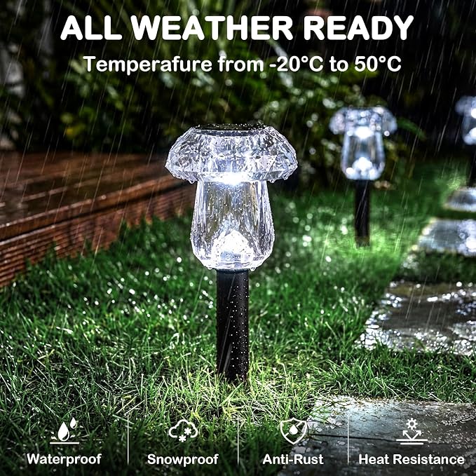 16Pack Solar Garden Lights Outdoor 6000K Cool White Mushroom Decor | Waterproof Pathway Outside Yard Walkway Landscape Path Lighting, LED Auto On/Off Decorations, Acrylic Diamond-like Lampshade