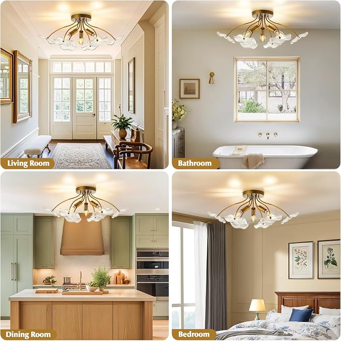 Luvkczc Semi Flush Mount Ceiling Light, Modern Gold Ceiling Light Fixture, Vintage Brass Lighting for Kitchen Entryway Hallway Bathroom Bedroom Foyer, 3 Light E12 Socket