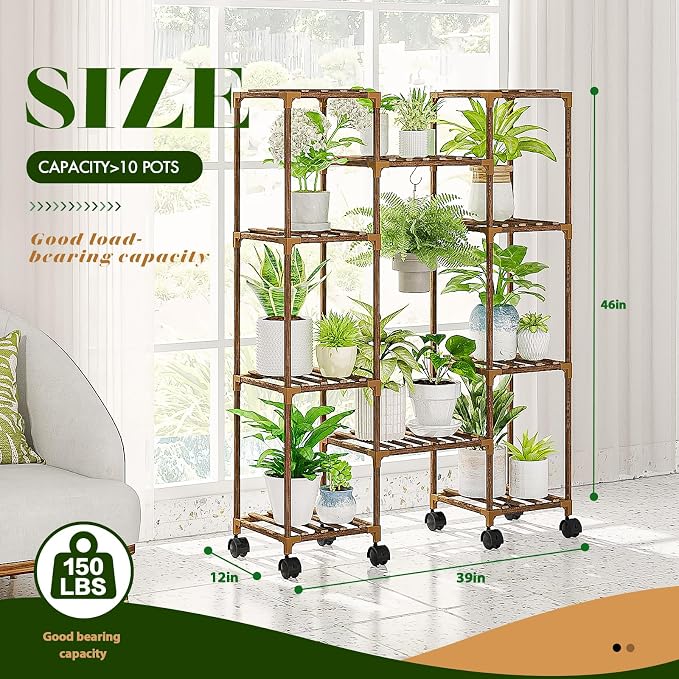 GENTINGBRO Plant Stand with Wheels Outdoor Indoor Hanging Plant Shelf for Multiple Plants Tall Large Holder for Living Room Patio Balcony Garden Corner Mobile