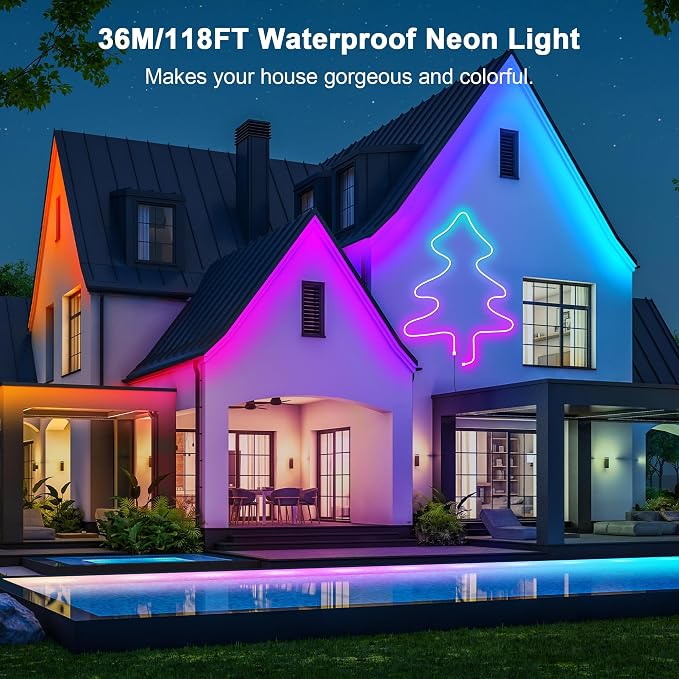 Cozylady RGB Neon Light LED Rope Light,Waterproof Bluetooth APP Remote Control Music Sync Strip Light,24V Flexible DIY Silicone Light for Bedroom Home Indoor Outdoor Decoration (120ft-36M)
