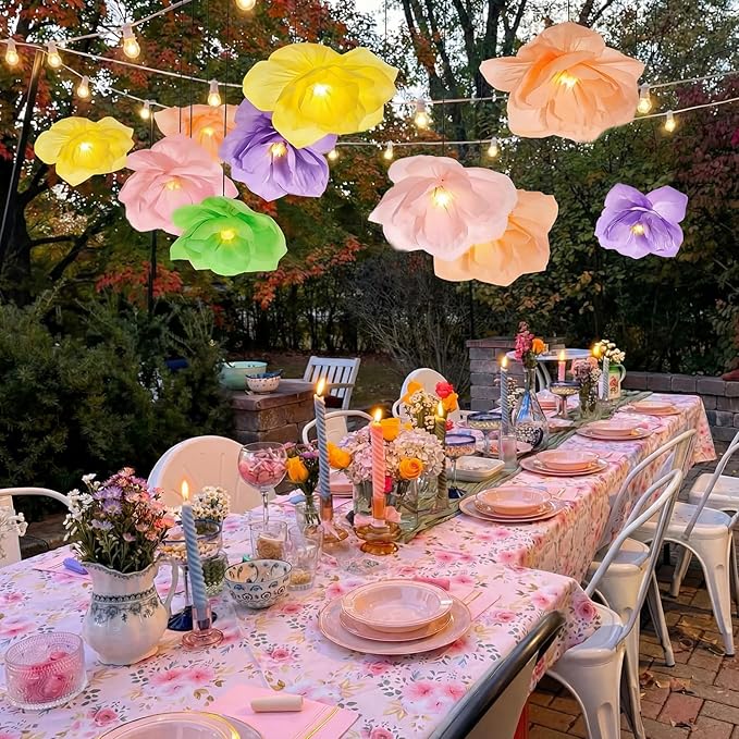 VIHOSE 6 Pcs Tea Party Decorations 15.7 Inch Flower Paper Lanterns with LED Lights for Spring Fancy Party Decorations Large Peony Paper Flower Pendant Lamps for Tea Garden Wedding Bridal Baby Shower