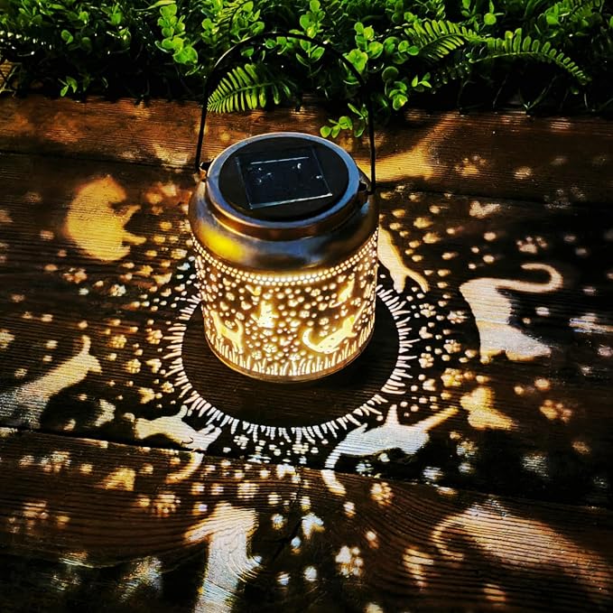 Cat Solar Outdoor Waterproof Lantern Garden Decor Birthday Gifts for Women Mon Grandma Metal Hanging Solar Lights Outside LED Lanterns for Yard Patio Lawn Pathway Landscape (Cat)
